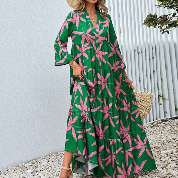 Boho Leaf Print Neckline Flounce Sleeve Ruffle Hem Maxi Dress - Picture 1 of 6